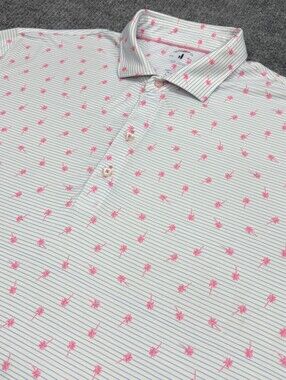 Johnnie-O Top Shelf Polo Shirt Mens L White Pink Blue Striped Palm Tree AOP Golf